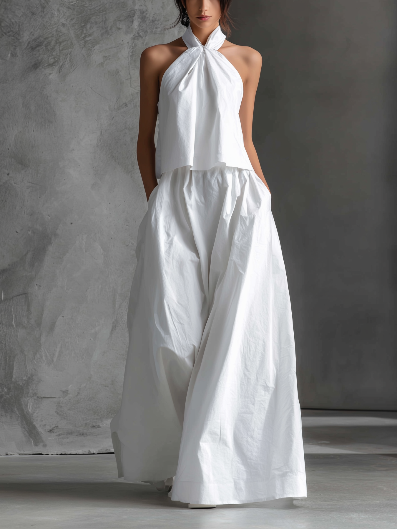 Cotton Linen Halter Maxi Dress with Tie Neck and Flowy Skirt