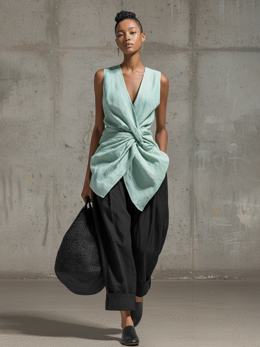 Linen Blend Wide Leg Crop Pants with Cuffed Hem and Relaxed Fit