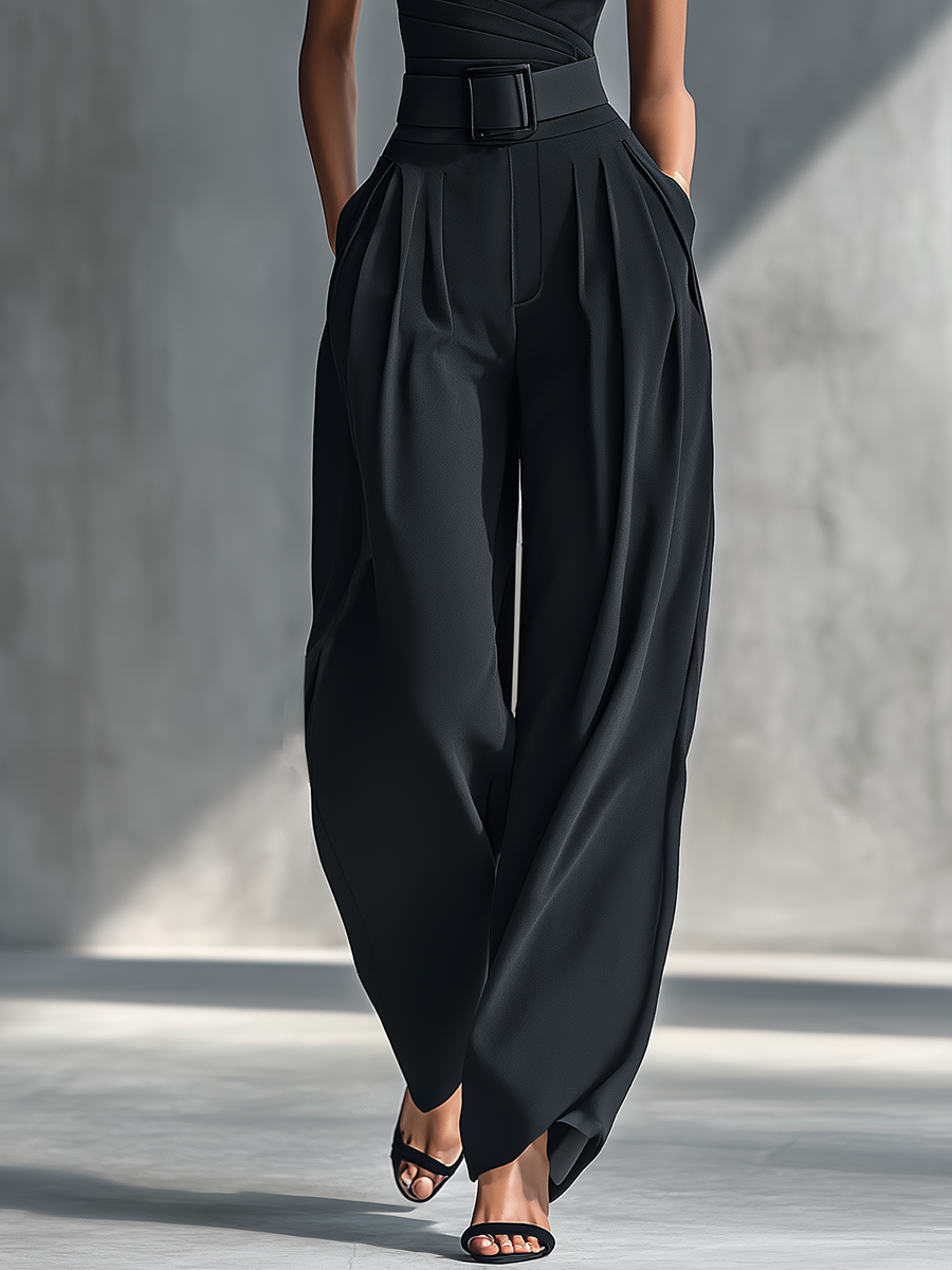 Silk One-Shoulder Wide-Leg Jumpsuit with Belted Waist and Draped Design