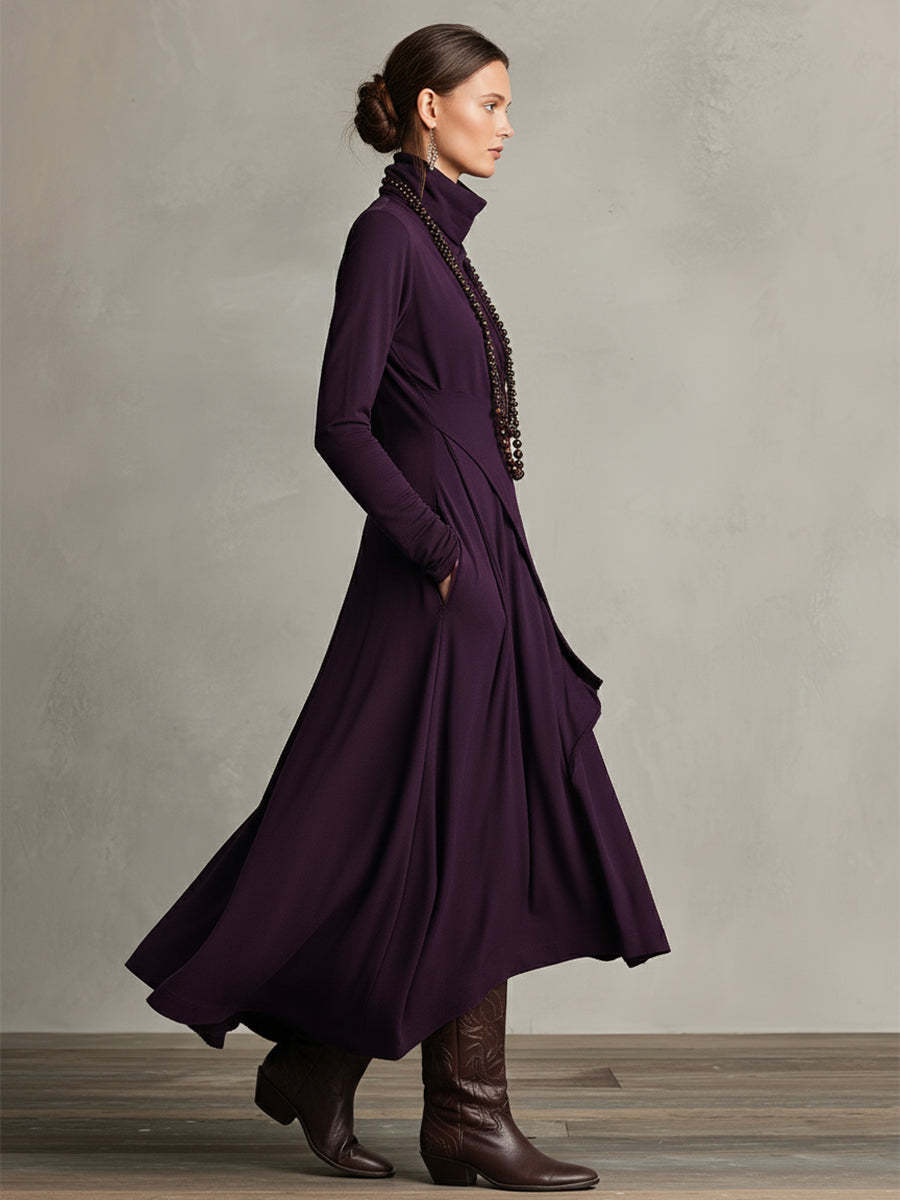 Asymmetric Draped Turtleneck Midi Dress