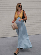 Color Block V Neck Midi Dress