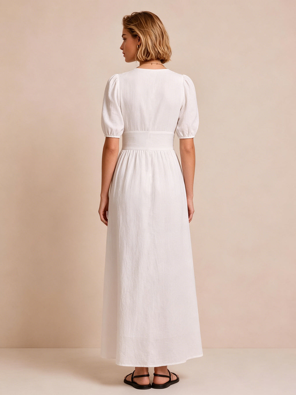 Deep V Puff Sleeve Maxi Dress