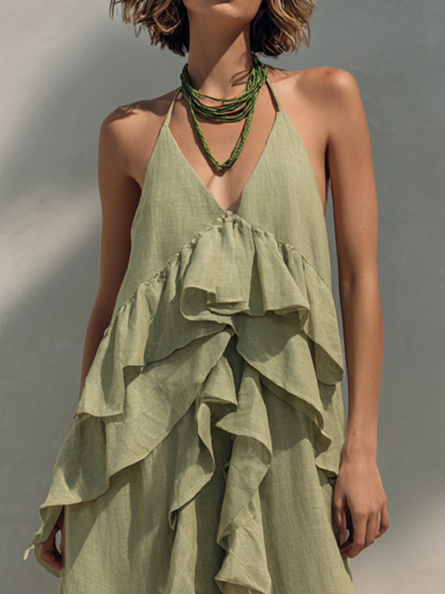 Ruffle Details Linen Layered Maxi Dress