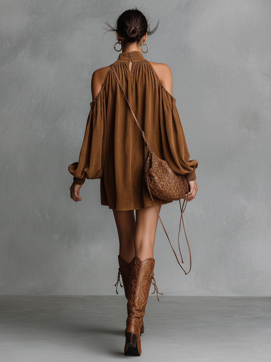 Suede Off-Shoulder Halter Mini Dress with Puff Sleeves