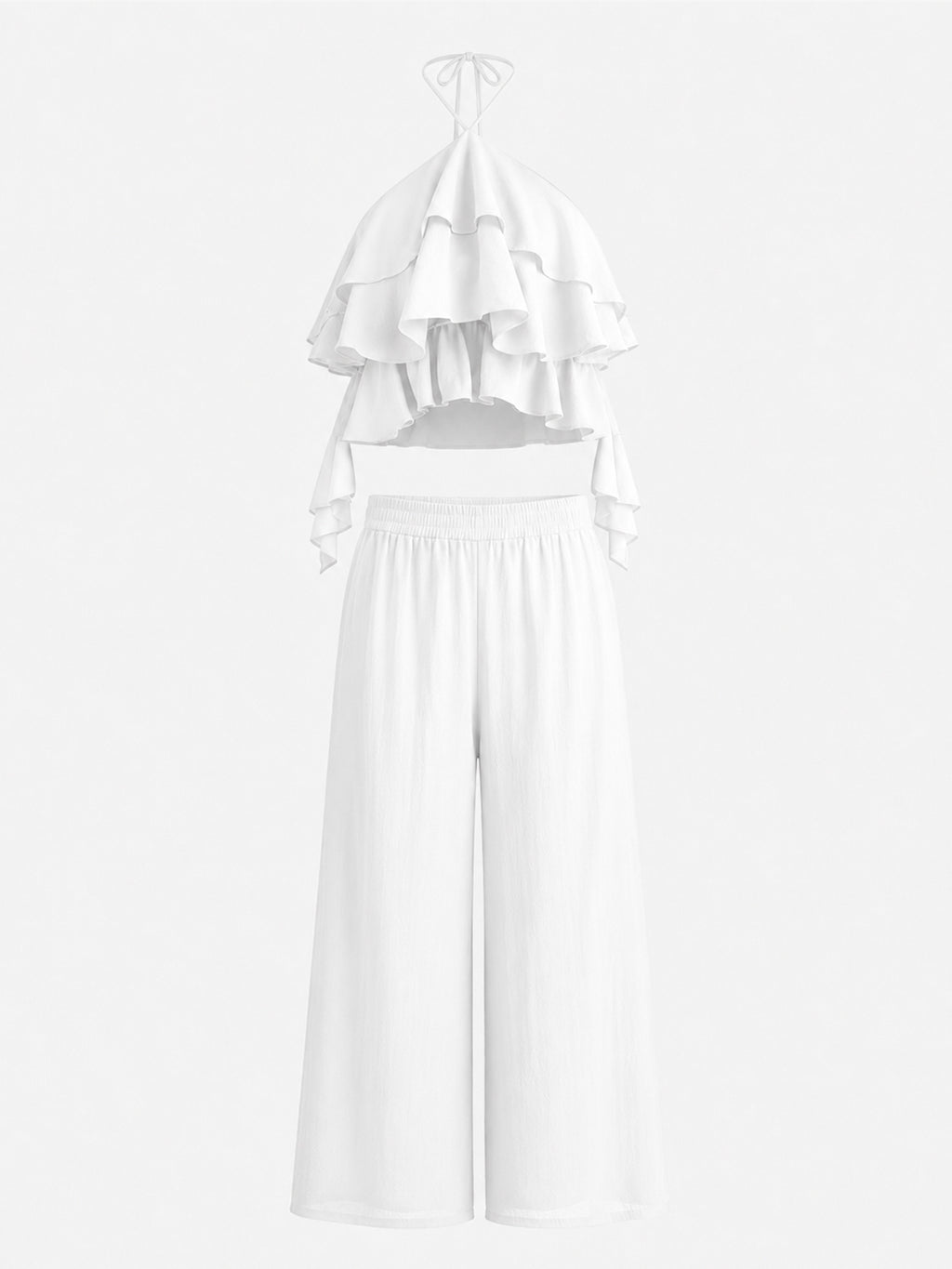 Linen Halter Ruffle Top Wide Leg Set