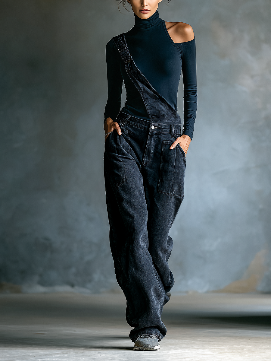 Relaxed Fit Denim Wide Leg Overalls