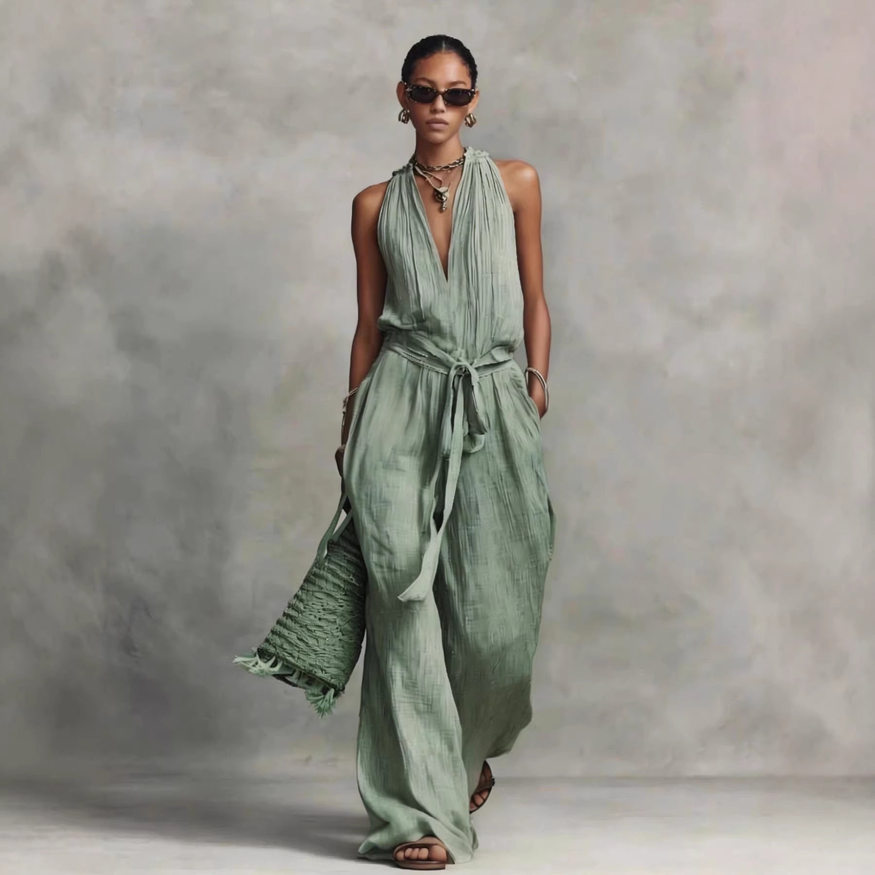 Pleated Halter Neck Belted Jumpsuit