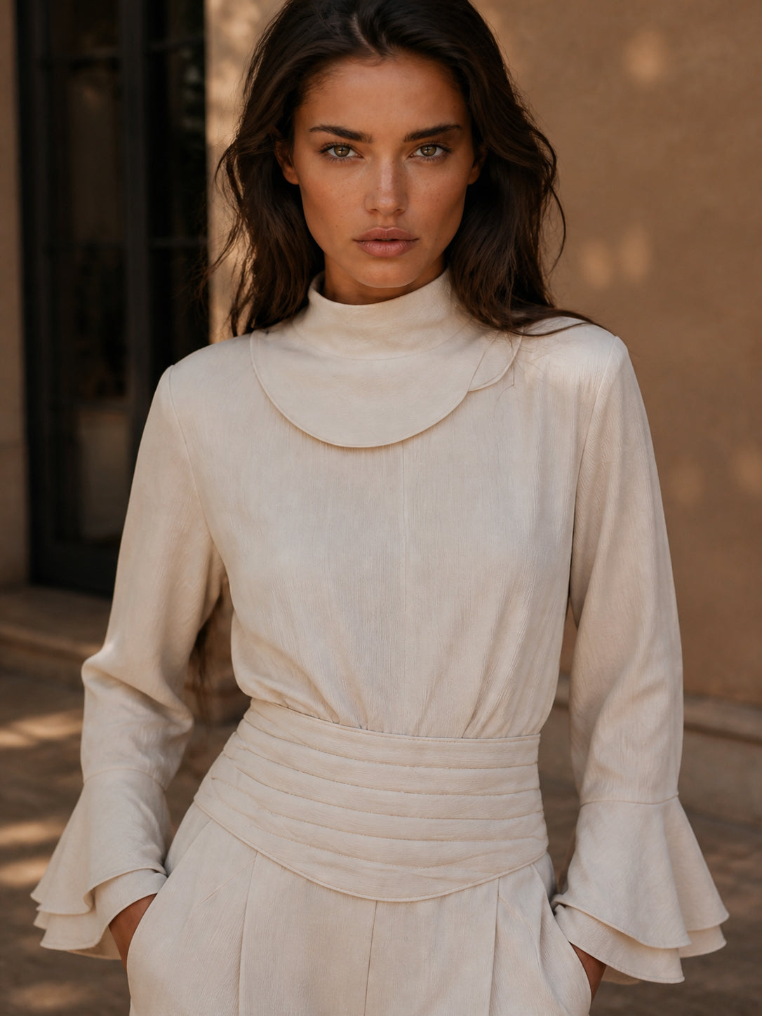 Flared Sleeve High-Waist Belted Wide-Leg Jumpsuit