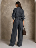 Contrast-Stitch Wide-Leg Utility Jumpsuit