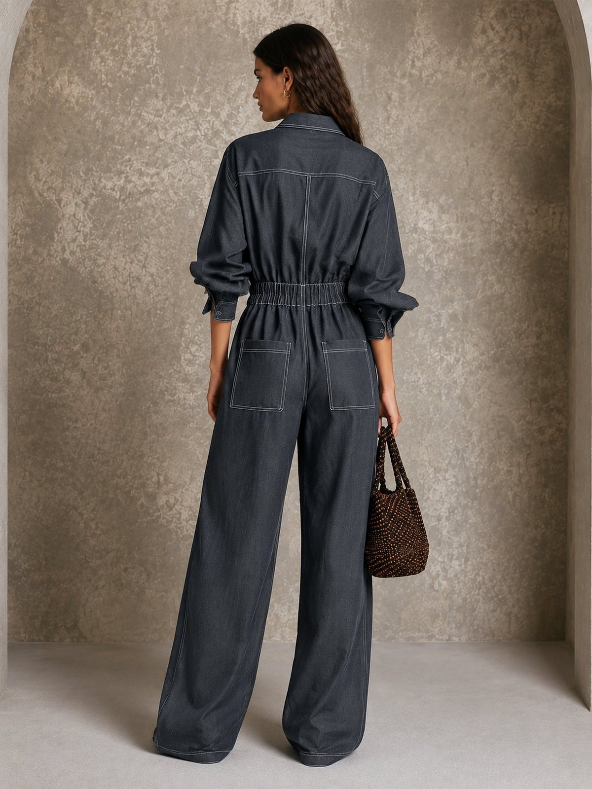 Contrast-Stitch Wide-Leg Utility Jumpsuit