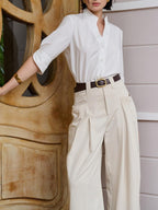 Band-Collar Button-Front Blouse