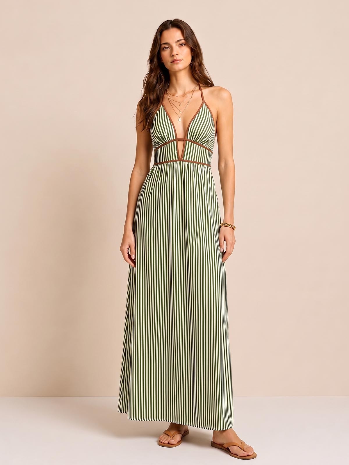 Striped Cutout Halter Maxi Dress