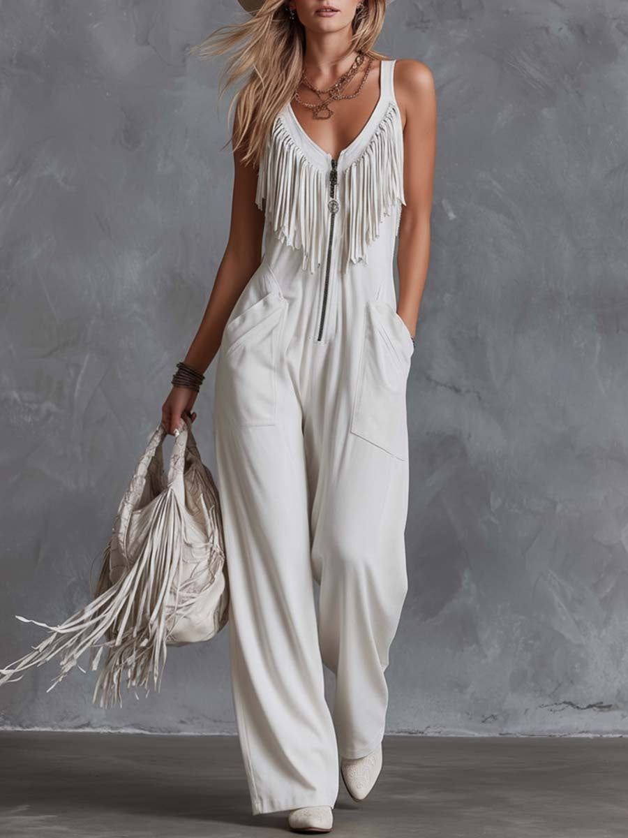 Cotton Linen Fringe Sleeveless Jumpsuit with Zipper Front and Wide Leg Design