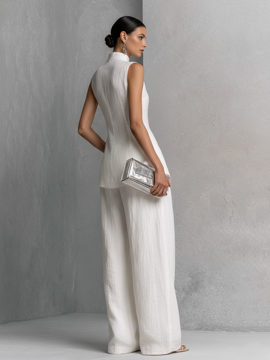 Linen Sleeveless High Neck Tunic with Wide Leg Pants Set Elegant Minimalist Women's Outfit