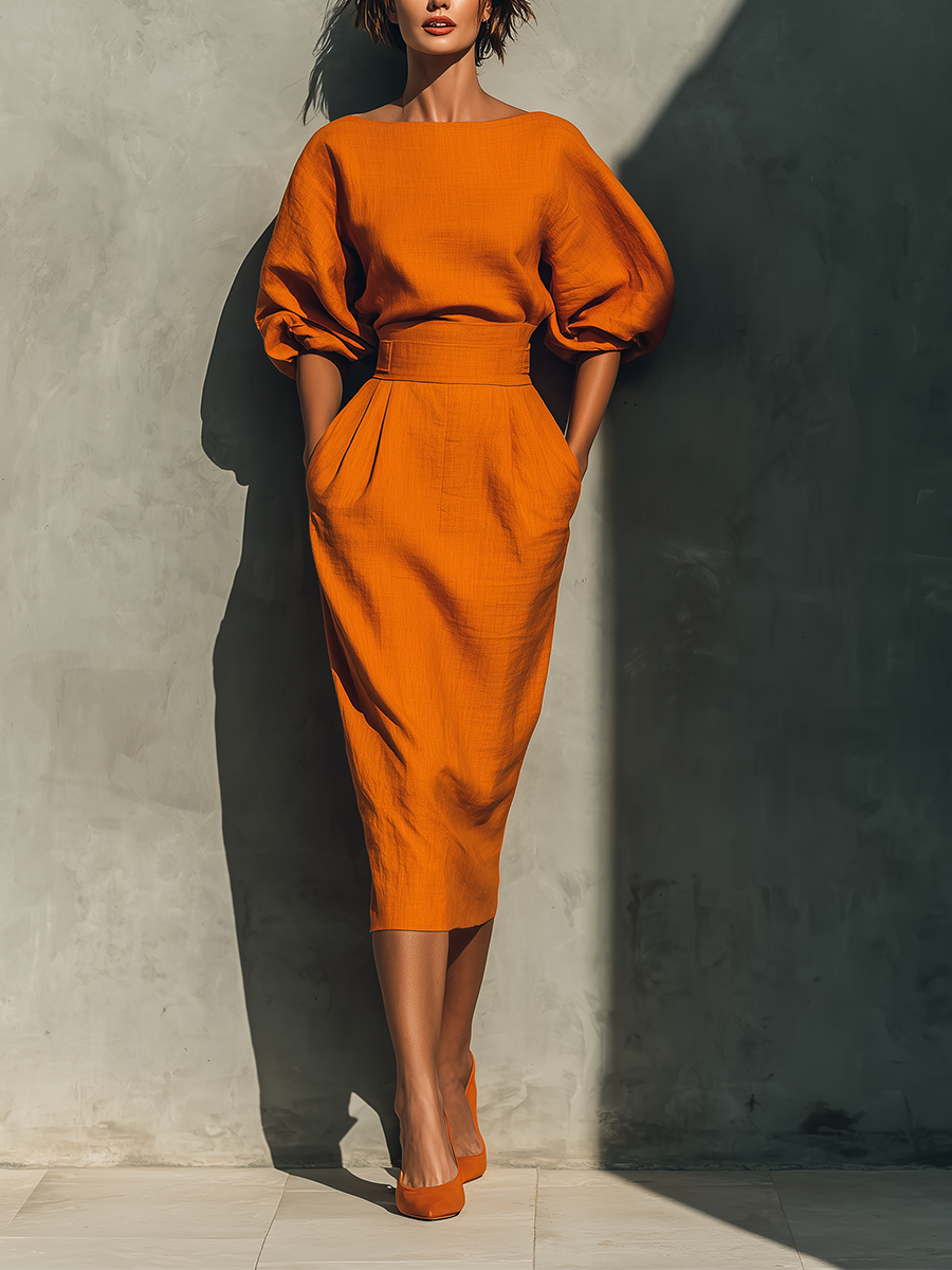Linen Two-Piece Set Orange Midi Dress with Puff Sleeves and High Waist Skirt
