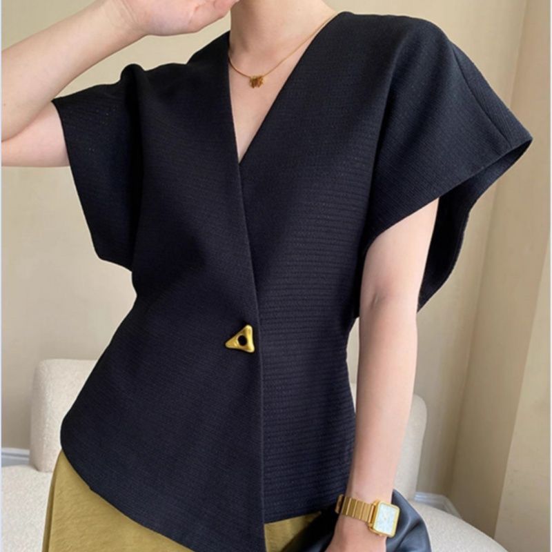 Asymmetric V-Neck Short Sleeve Blouse