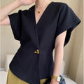Asymmetric V-Neck Short Sleeve Blouse