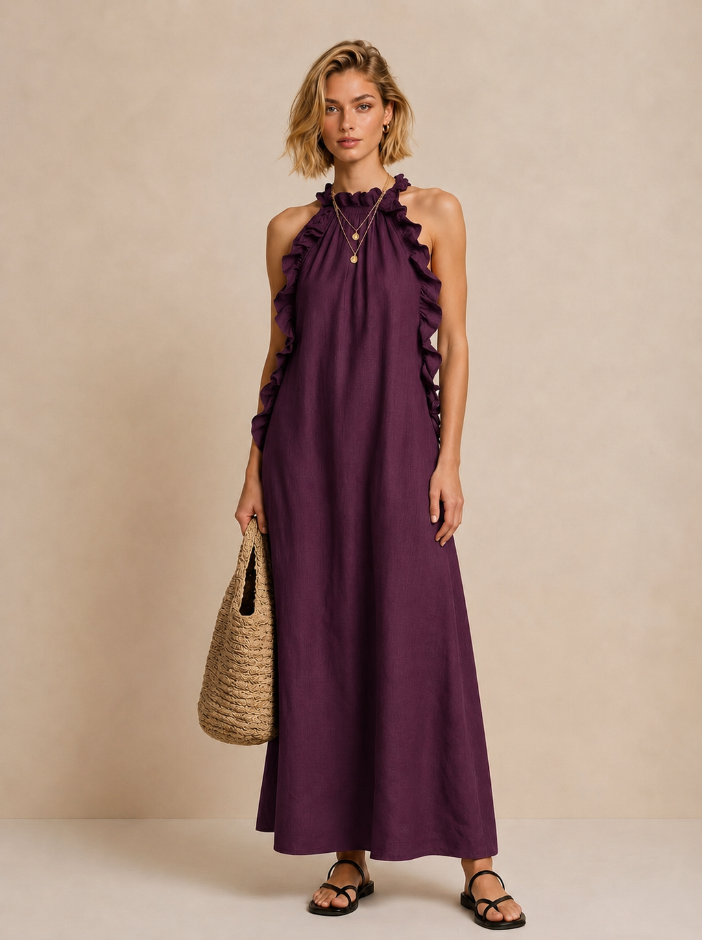 Ruffle Trim Halter Neck Sleeveless Maxi Dress