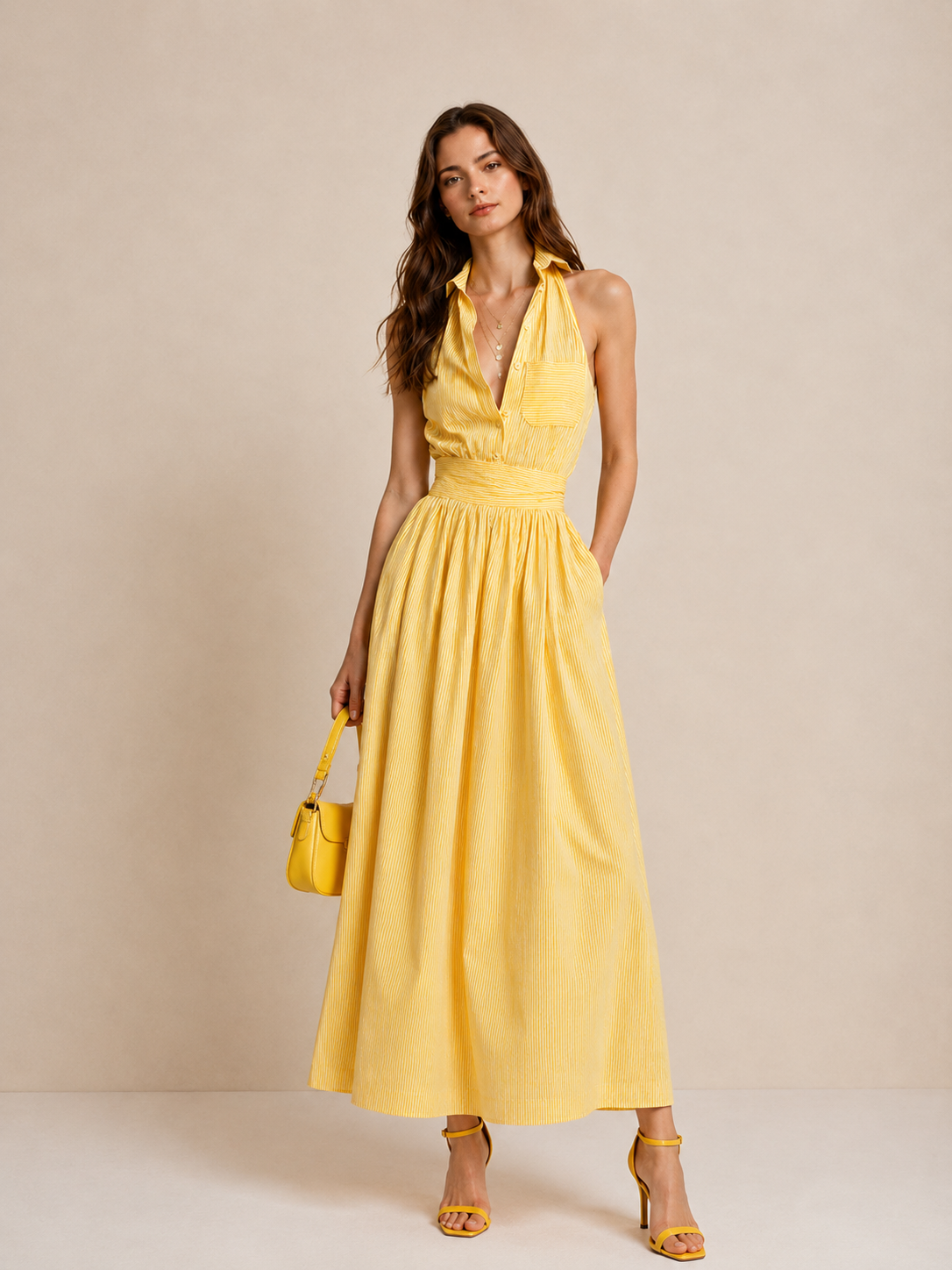 Striped Cotton Halter Midi Dress