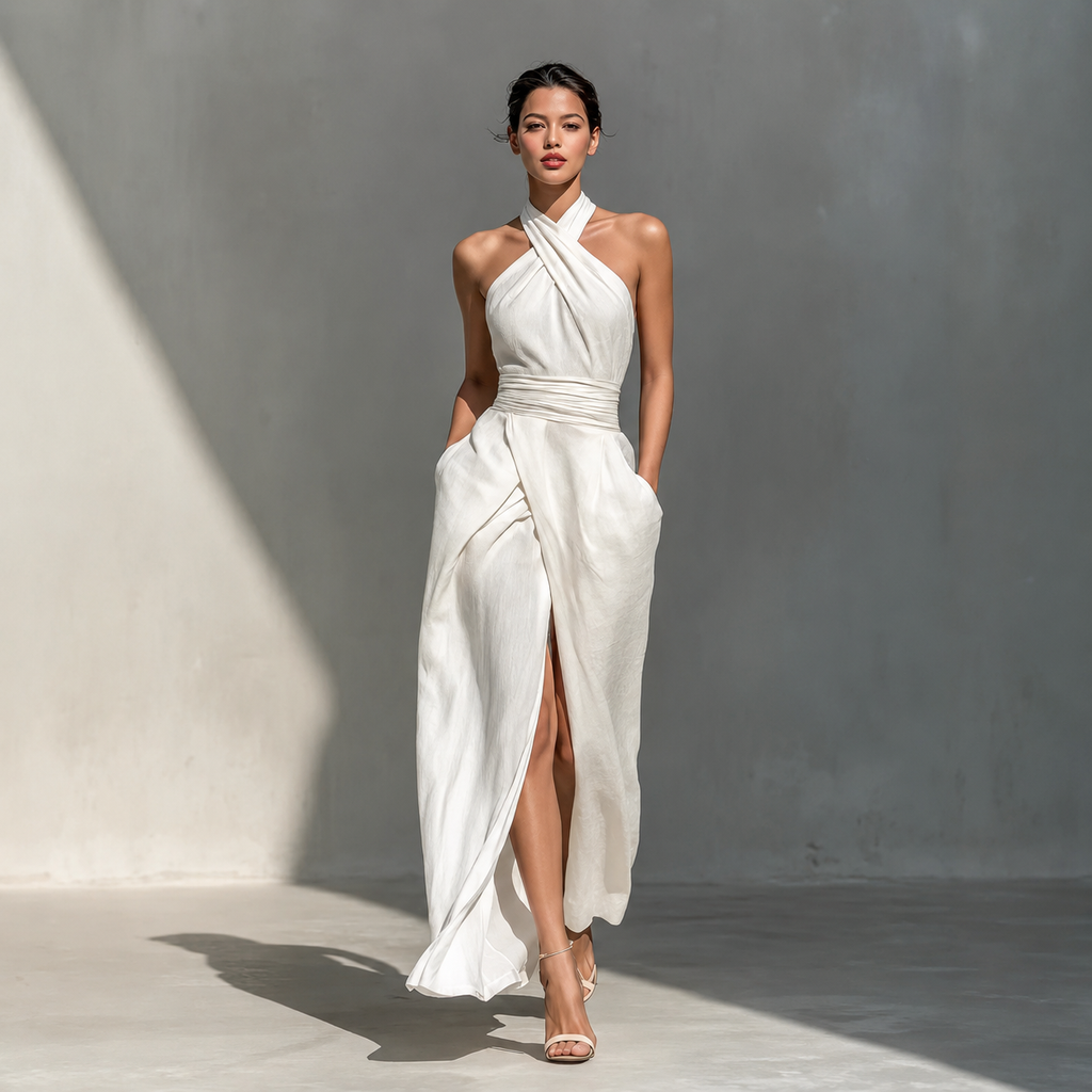 Cross Halter Ruched Waist Slit Maxi Dress