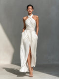 Cross Halter Ruched Waist Slit Maxi Dress