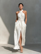 Cross Halter Ruched Waist Slit Maxi Dress