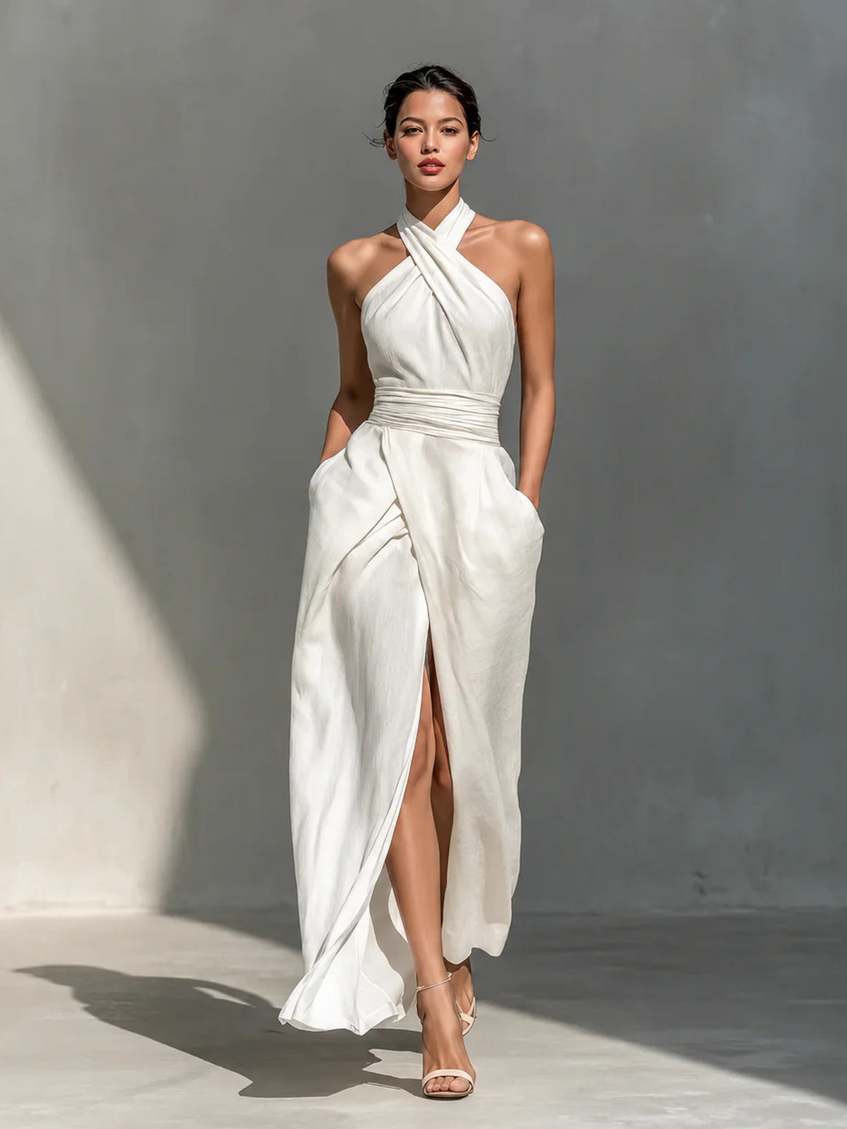 Cross Halter Ruched Waist Slit Maxi Dress
