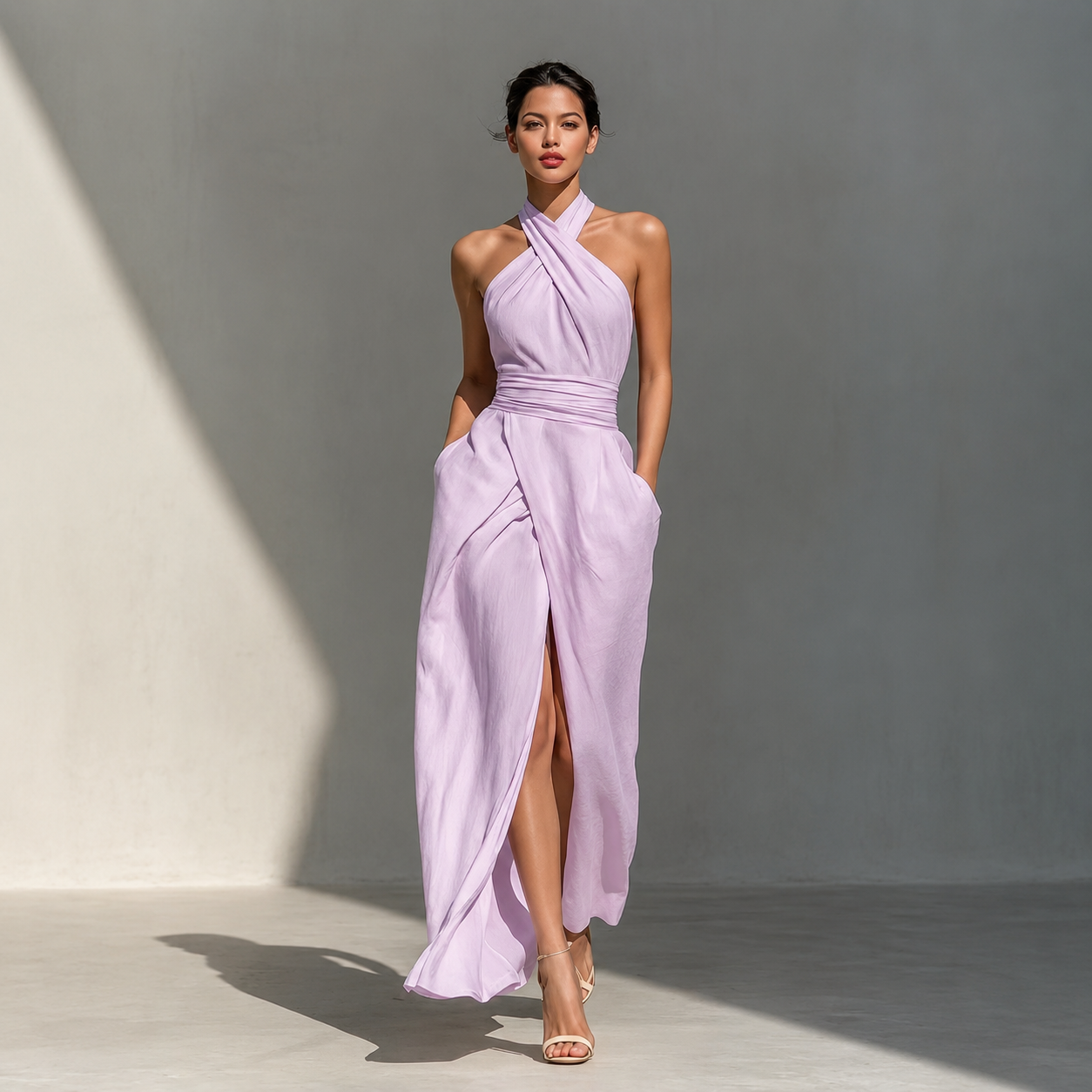 Cross Halter Ruched Waist Slit Maxi Dress