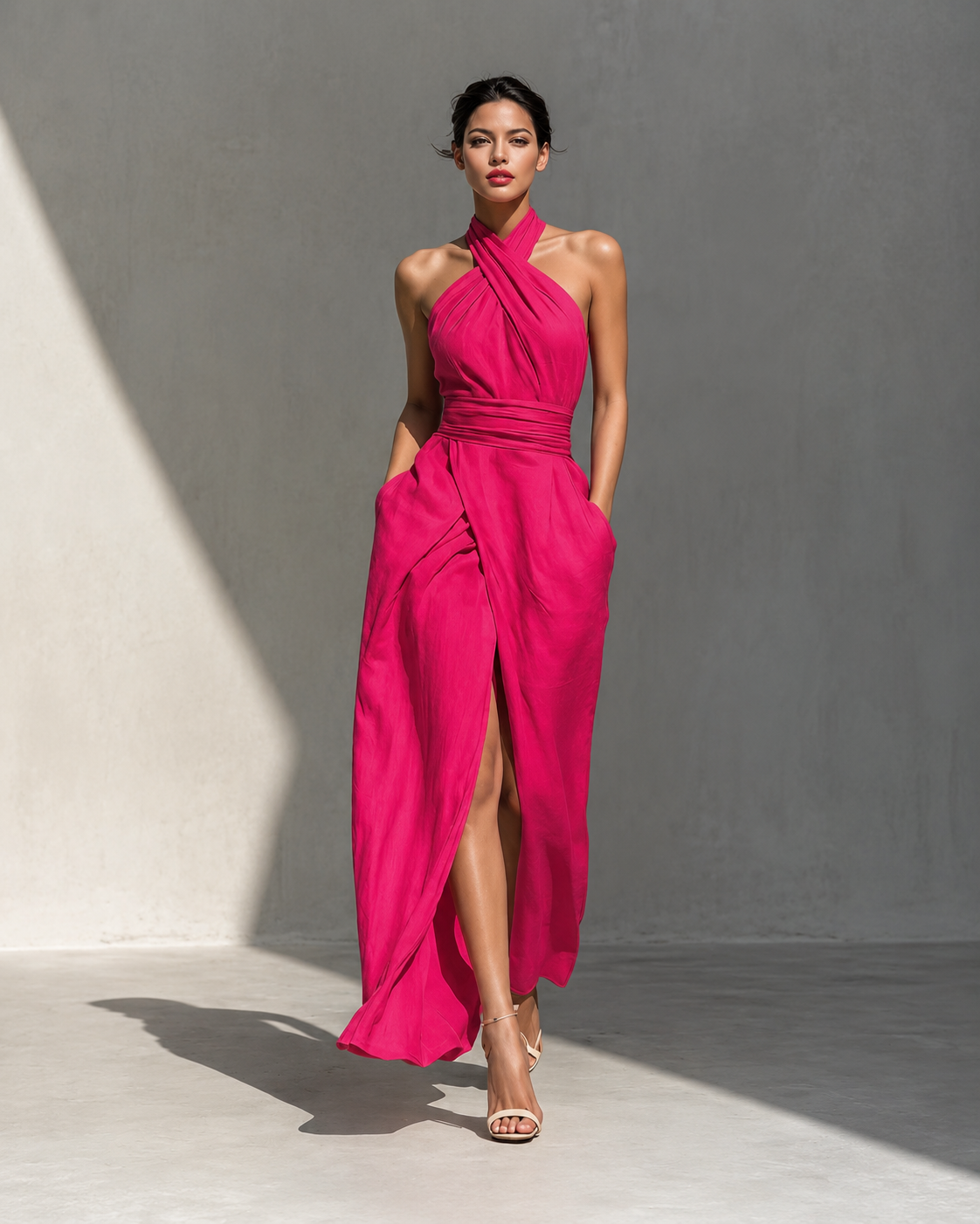 Cross Halter Ruched Waist Slit Maxi Dress