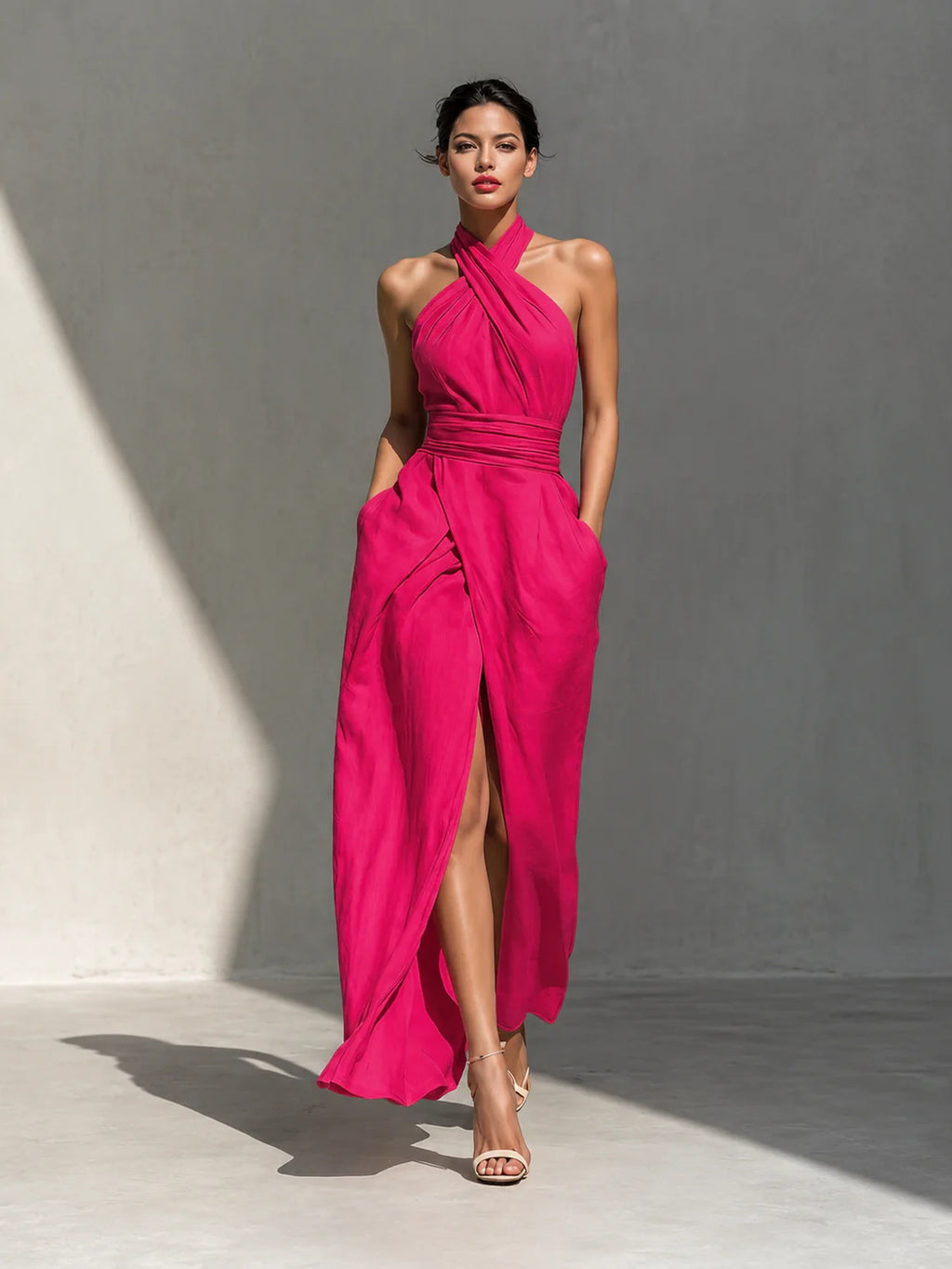 Cross Halter Ruched Waist Slit Maxi Dress