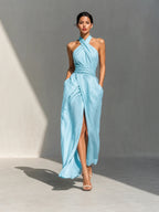 Cross Halter Ruched Waist Slit Maxi Dress