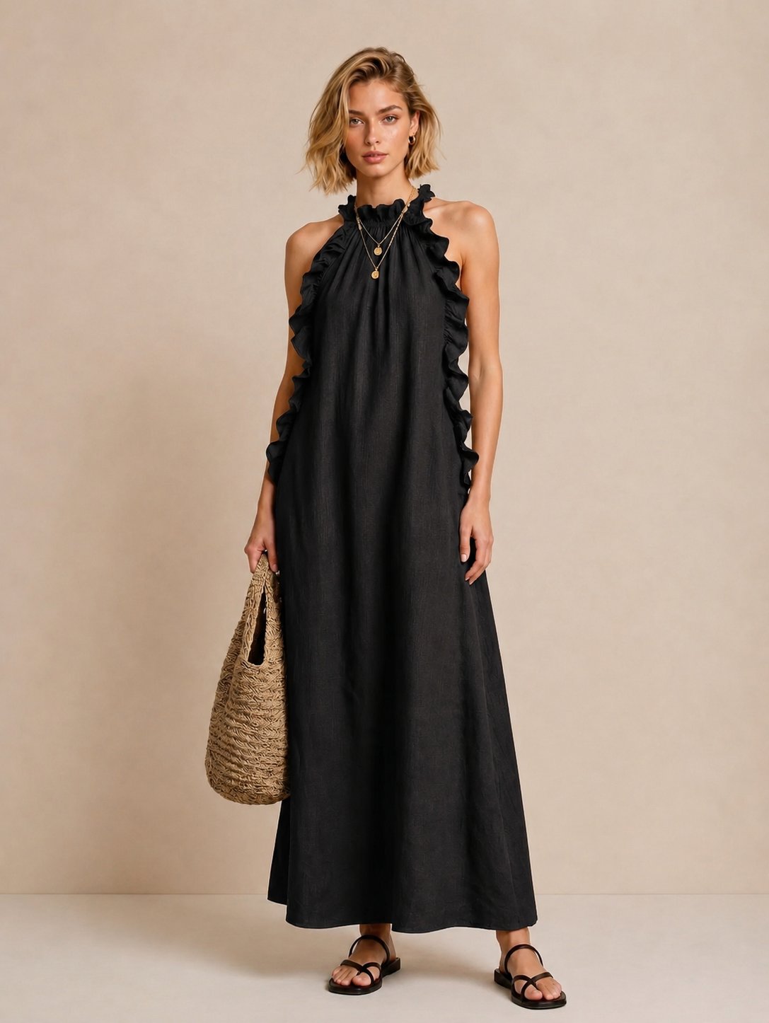 Ruffle Trim Halter Neck Sleeveless Maxi Dress