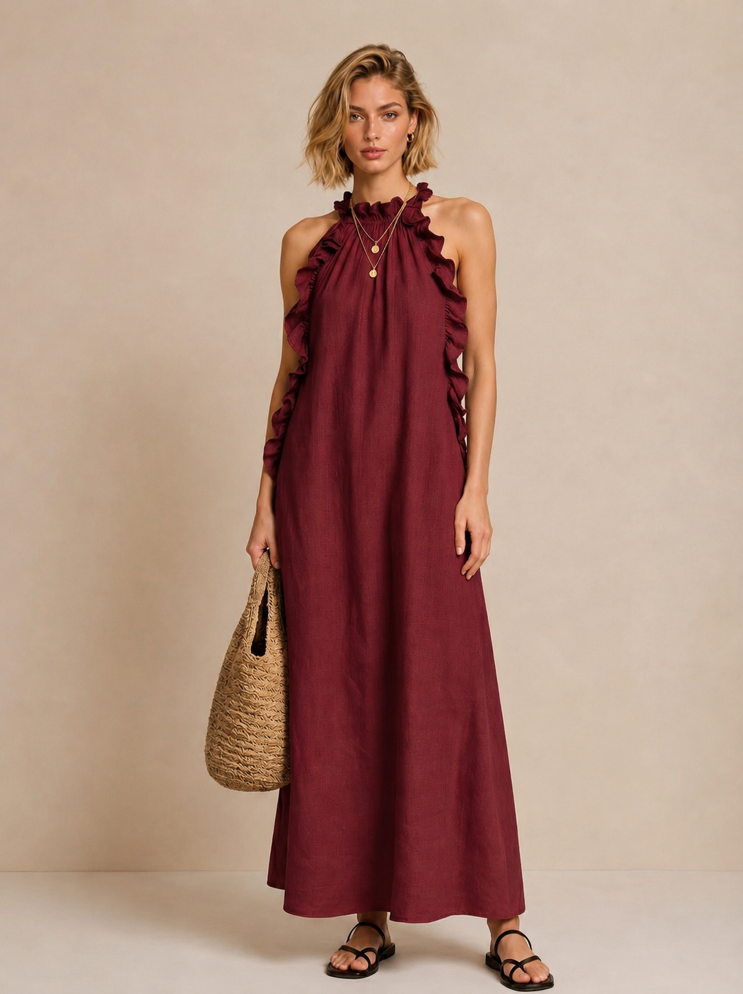 Ruffle Trim Halter Neck Sleeveless Maxi Dress