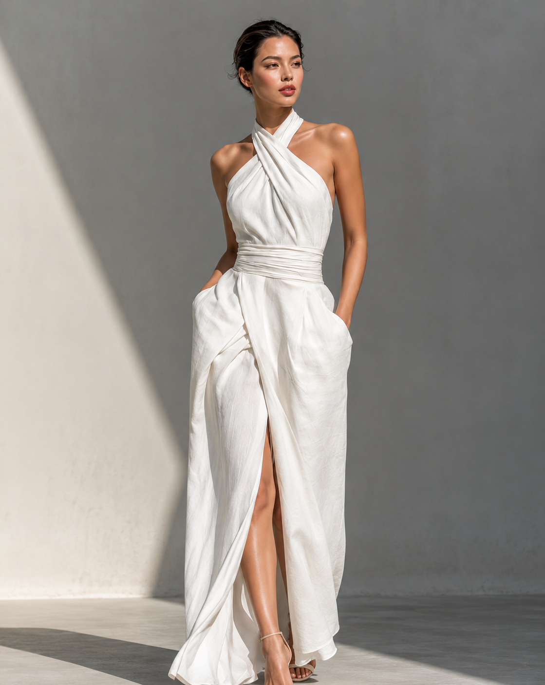 Cross Halter Ruched Waist Slit Maxi Dress