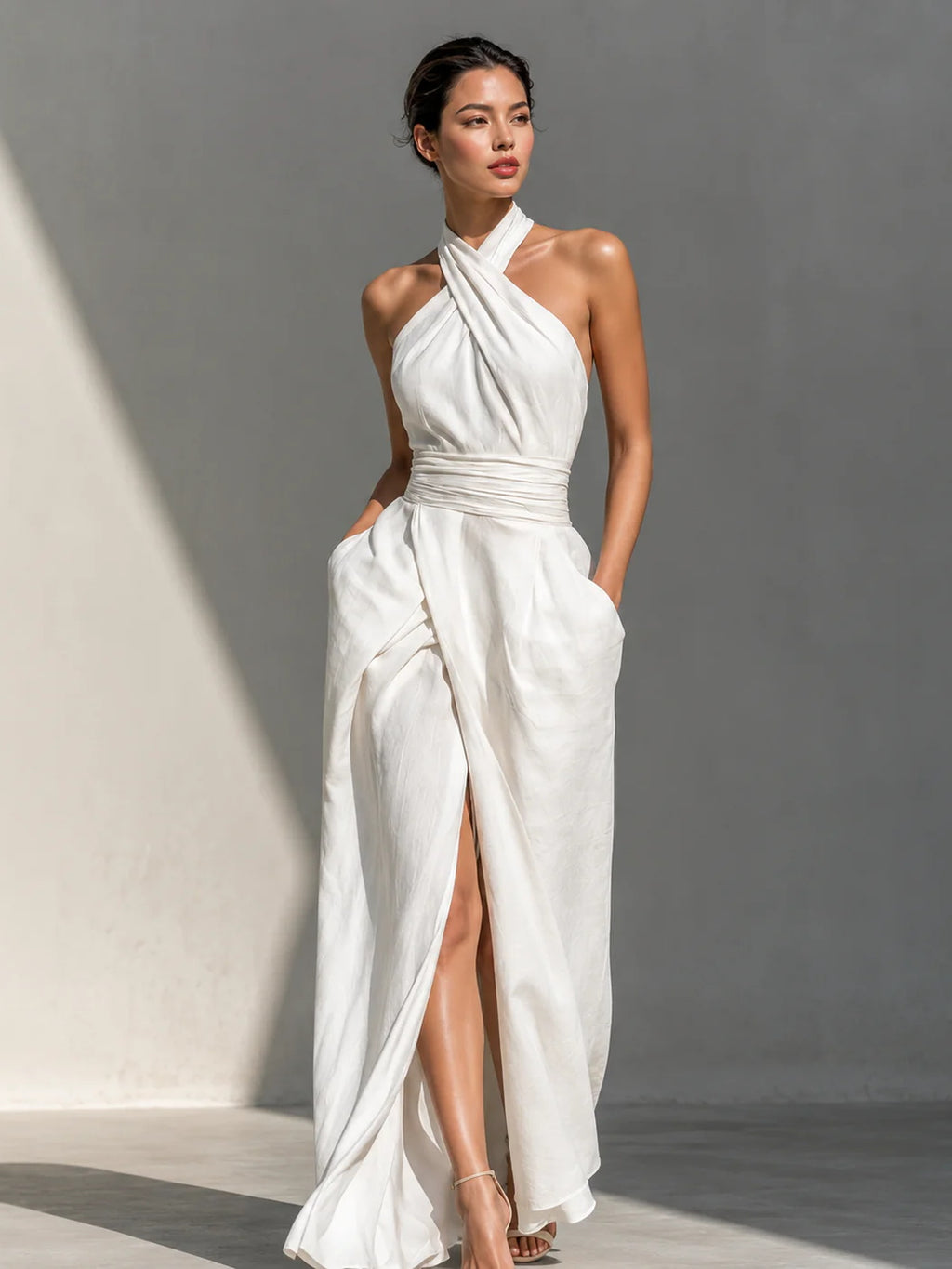 Cross Halter Ruched Waist Slit Maxi Dress