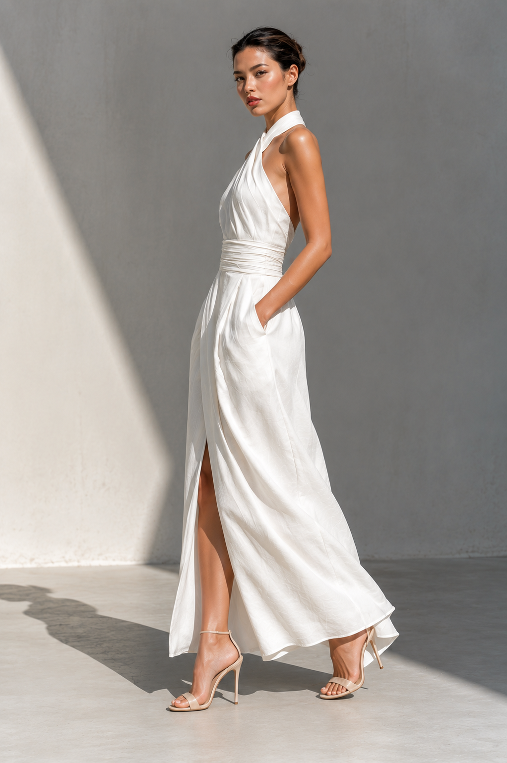 Cross Halter Ruched Waist Slit Maxi Dress