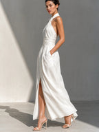 Cross Halter Ruched Waist Slit Maxi Dress
