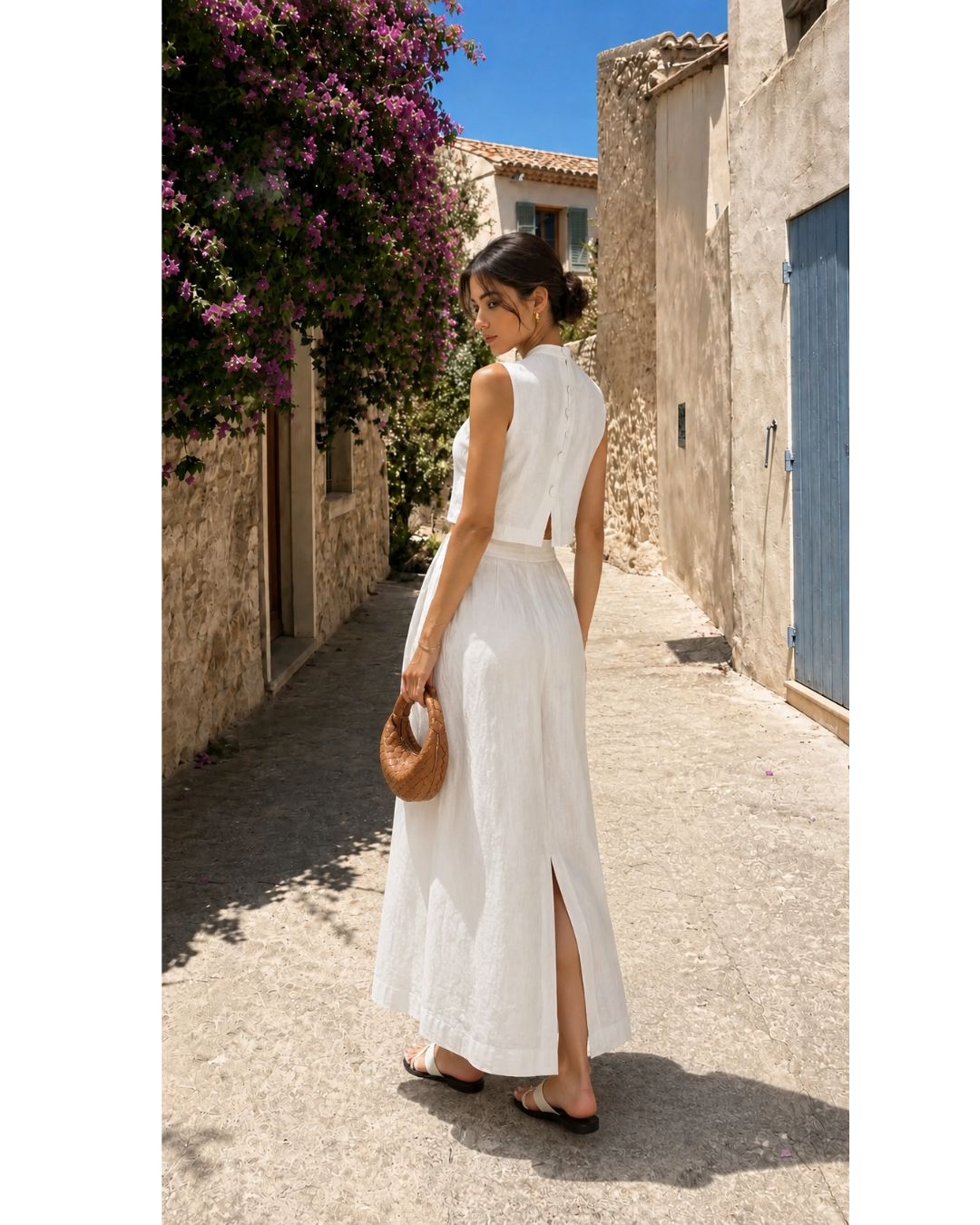 White Linen-Blend Sleeveless Cropped Top with Back Button Detail