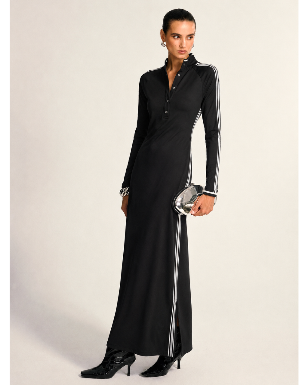 Cotton Blend Long Sleeve Maxi Dress with White Stripe Detailing - Casual Elegant Women's Fashion Dress