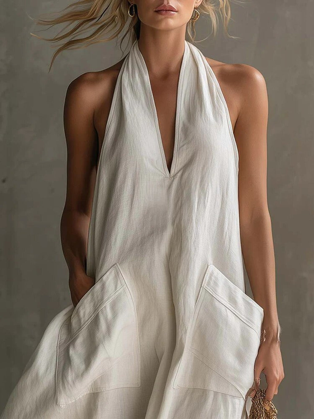 Halter Neck Linen Pocket Maxi Dress