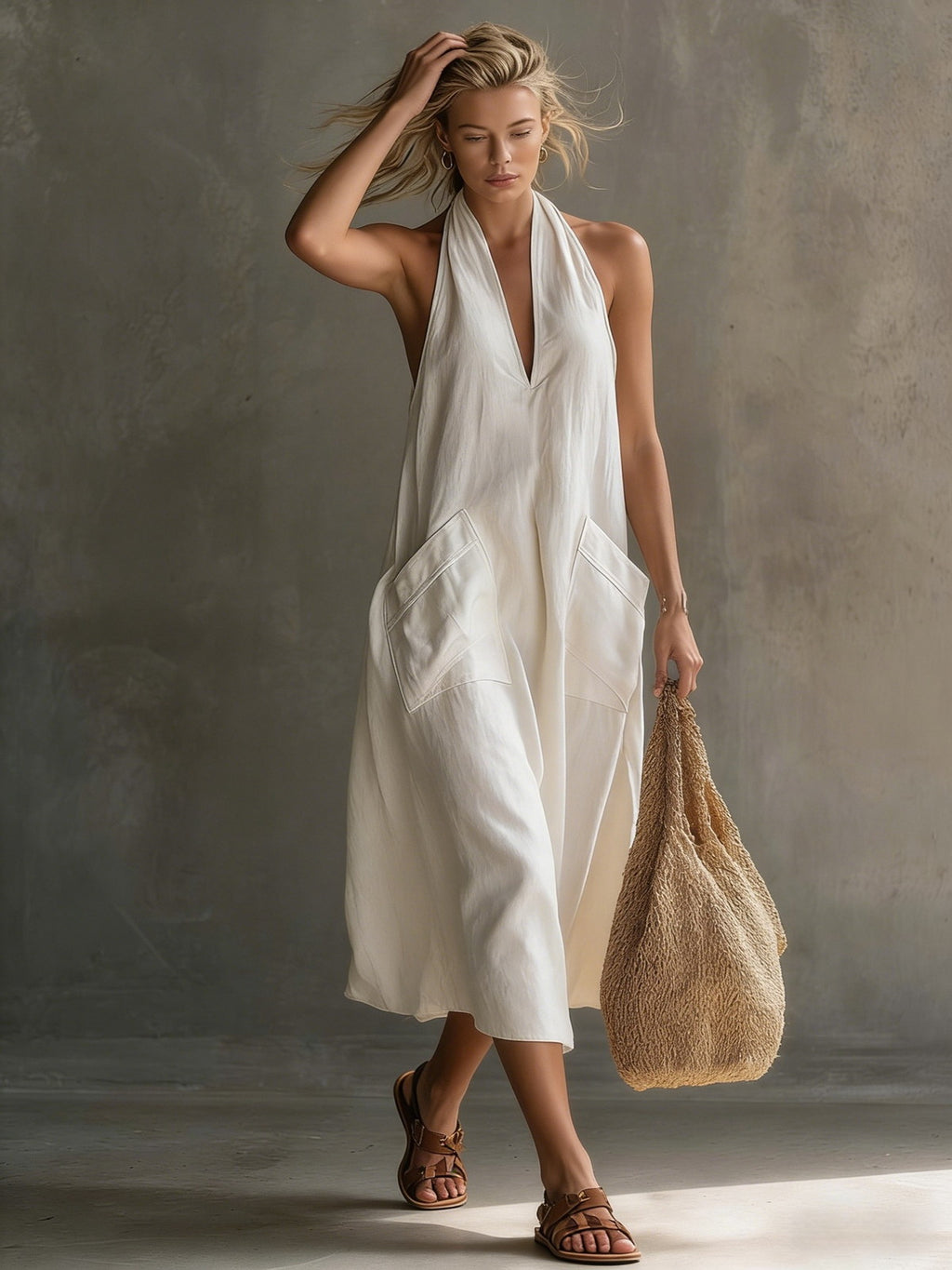 Halter Neck Linen Pocket Maxi Dress