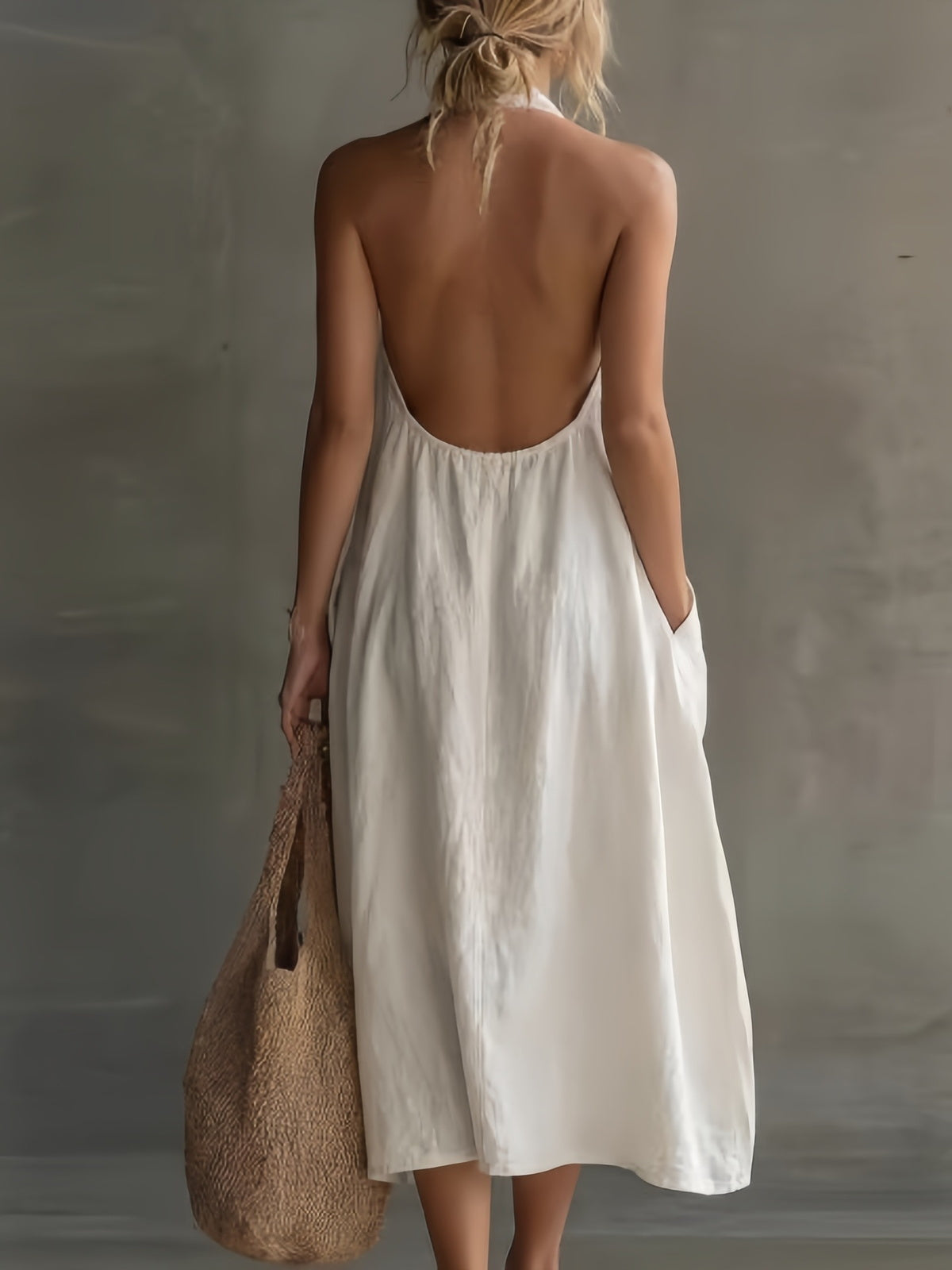 Halter Neck Linen Pocket Maxi Dress