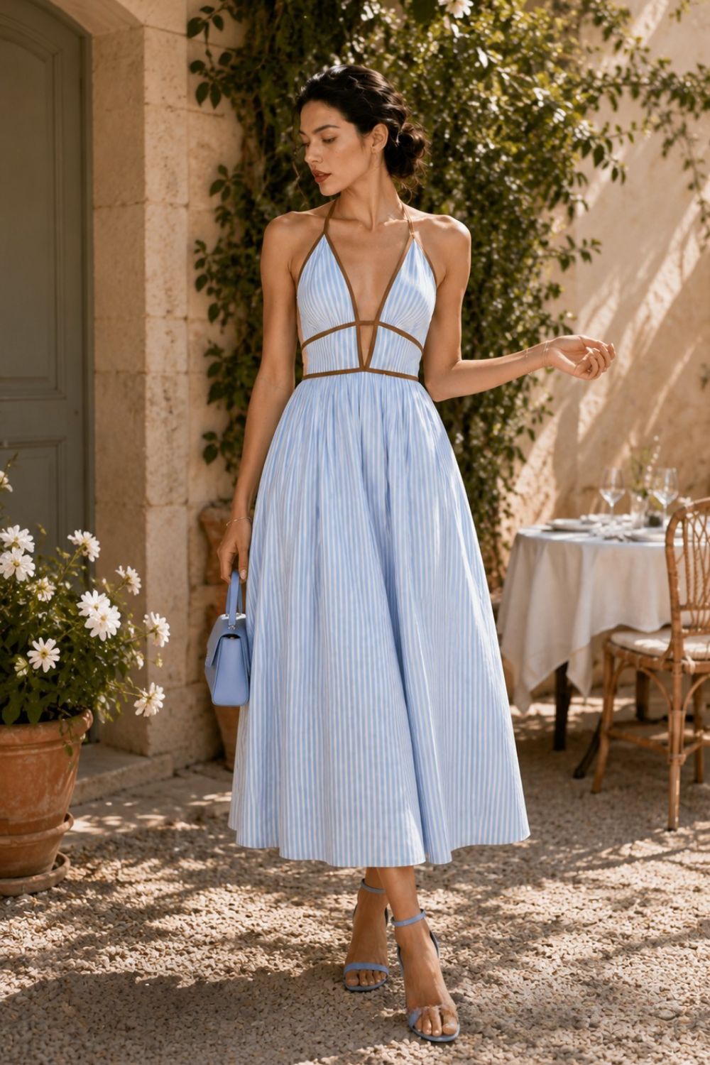 Striped Cutout Halter Maxi Dress