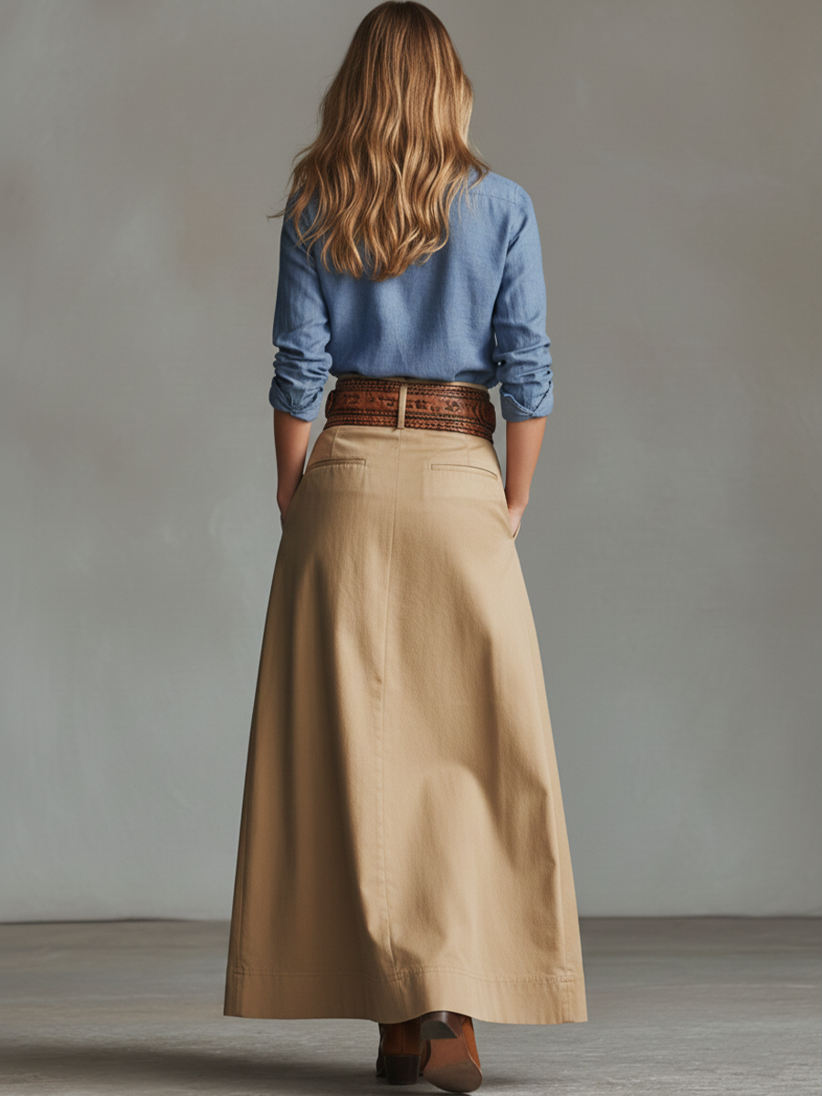 Cotton Wide-Leg Pleated Trousers for Women - Comfortable, High-Waisted, Long Pants with Side Pockets and Belted Design