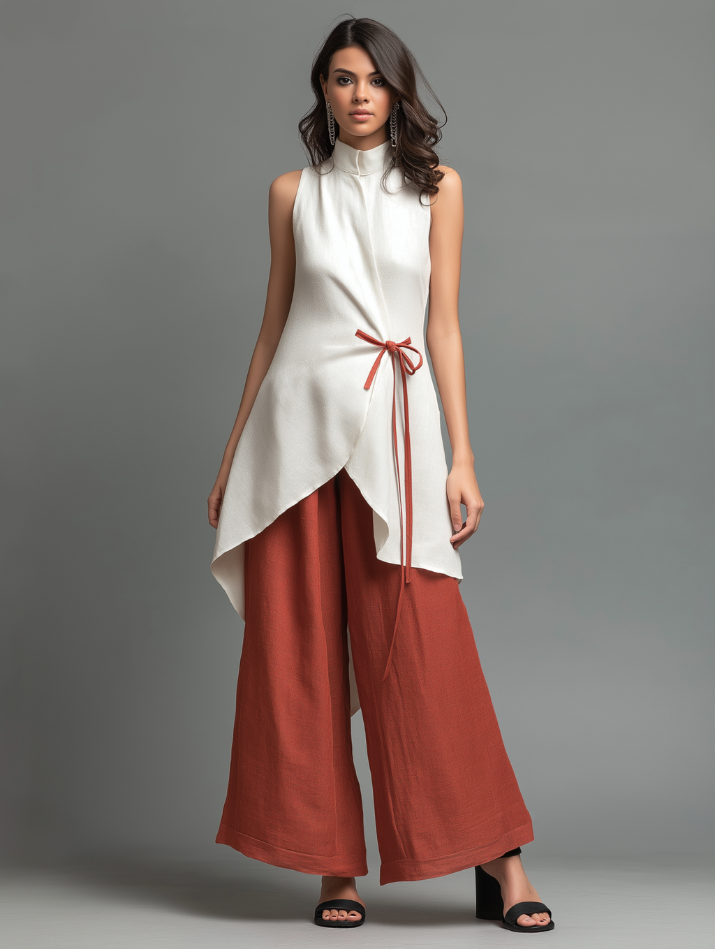 Linen Blend Asymmetric Sleeveless Top with Drawstring Waist and Wide Leg Pants Set