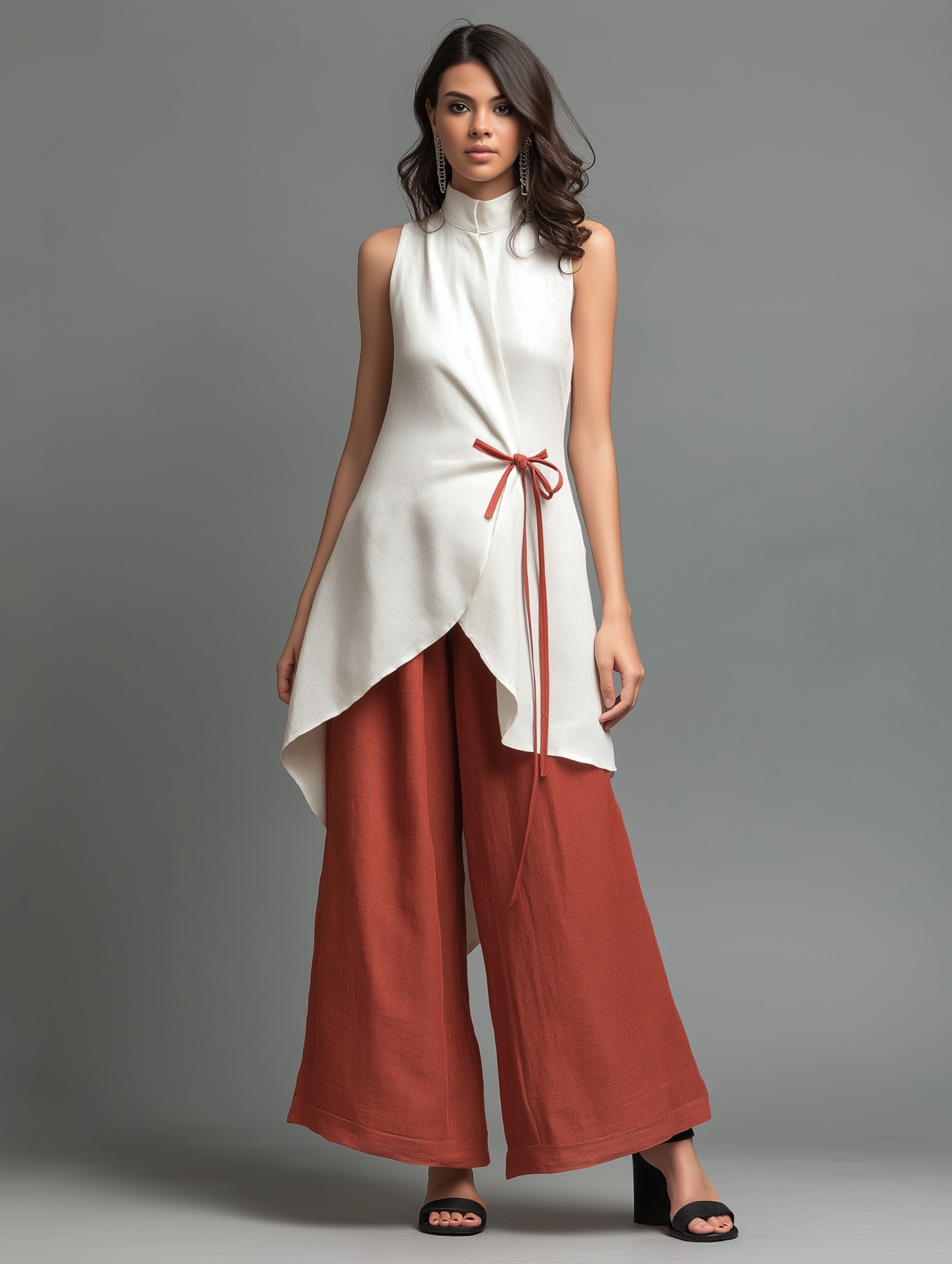 Linen Blend Asymmetric Sleeveless Top with Drawstring Waist and Wide Leg Pants Set
