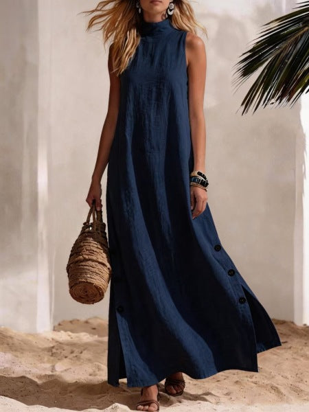 Minimalist Button Detail Sleeveless Linen Blend Maxi Dress