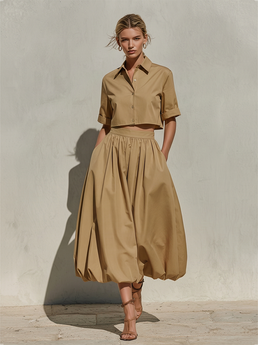 Cotton Blend Pleated High Waist A-Line Midi Skirt for Women