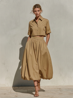 Damen Midi-Rock mit Falten, hoher Taille und A-Linie aus Baumwollmischung