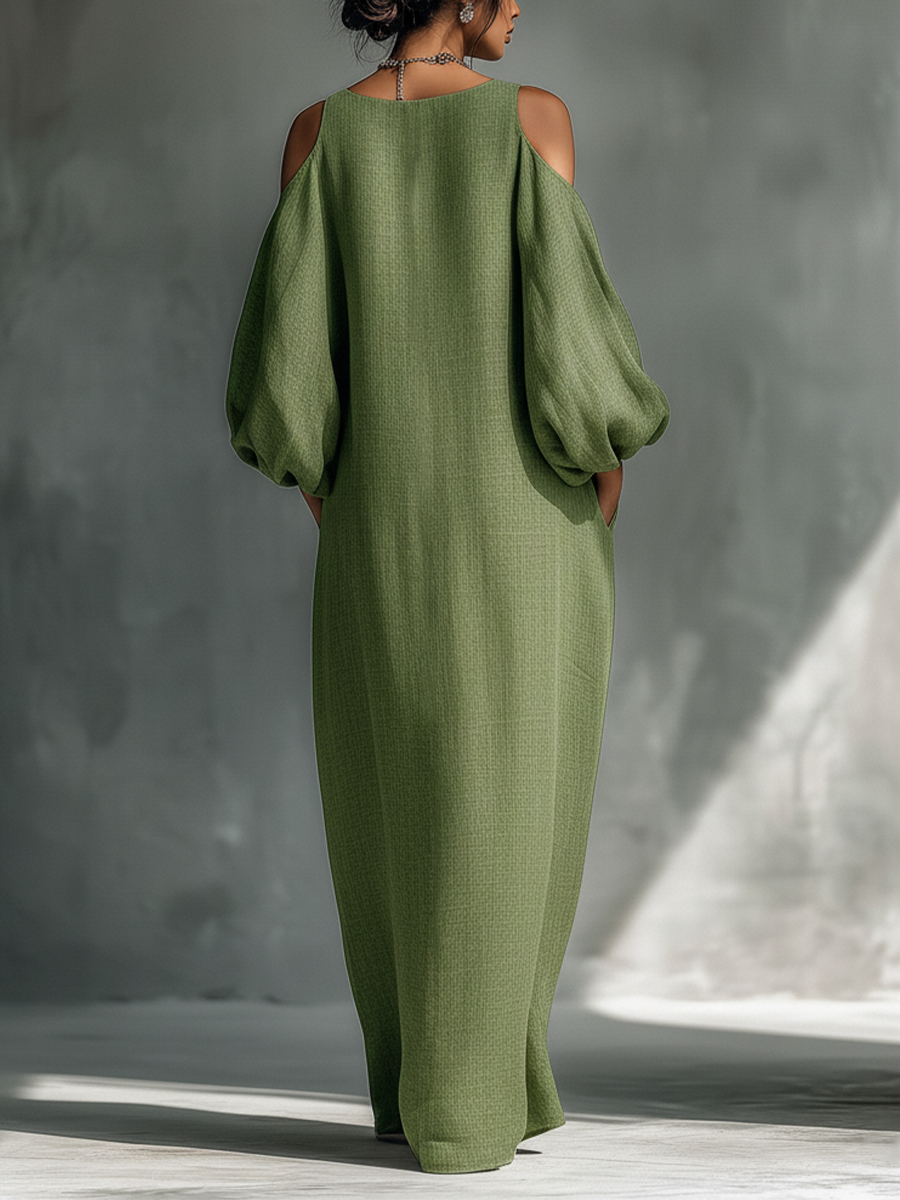 Linen Cold Shoulder Maxi Dress for Women Boho Long Sleeve Flowy Summer Dress Elegant Oversized Loose Fit Beach Vacation Dress